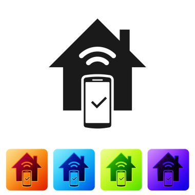 Black Smart home - beyaz arka planda yalıtılmış uzaktan kumanda sistemi simgesi. Simgeyi renk kare düğmelerinde ayarlayın. Vektör İllüstrasyonu