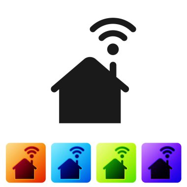 Beyaz arka planda izole wi-fi simgesi ile Siyah Akıllı ev. Uzaktan kumanda. Simgeyi renk kare düğmelerinde ayarlayın. Vektör İllüstrasyonu