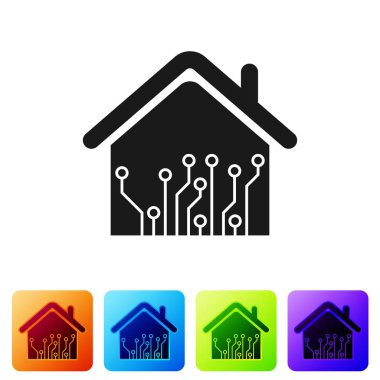 Siyah Akıllı ev simgesi beyaz arka planda yalıtılmış. Uzaktan kumanda. Simgeyi renk kare düğmelerinde ayarlayın. Vektör İllüstrasyonu
