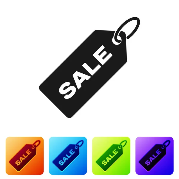 Black Price tag con una inscripción Icono de venta aislado sobre fondo blanco. Insignia por precio. Descuento de etiqueta promocional. Establecer icono en los botones cuadrados de color. Ilustración vectorial — Vector de stock