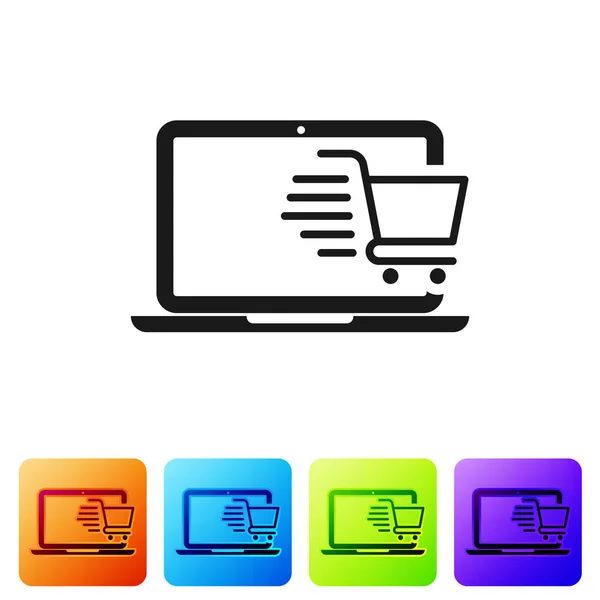 Schwarzer Warenkorb auf dem Bildschirm Laptop-Symbol isoliert auf weißem Hintergrund. Konzept E-Commerce, E-Business, Online Business Marketing. setzen Sie das Symbol in quadratischen Schaltflächen. Vektorillustration — Stockvektor