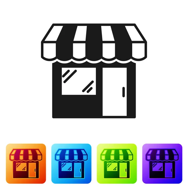 Edifício de compras preto ou ícone de loja de mercado isolado no fundo branco. Construção de loja. Definir ícone em botões quadrados de cor. Ilustração vetorial — Vetor de Stock