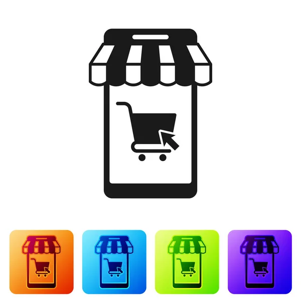 Teléfono móvil negro y carrito de compras con icono de toldo a rayas aislado sobre fondo blanco. Símbolo de compra online. Símbolo de cesta de supermercado. Establecer icono en los botones cuadrados de color. Ilustración vectorial — Archivo Imágenes Vectoriales