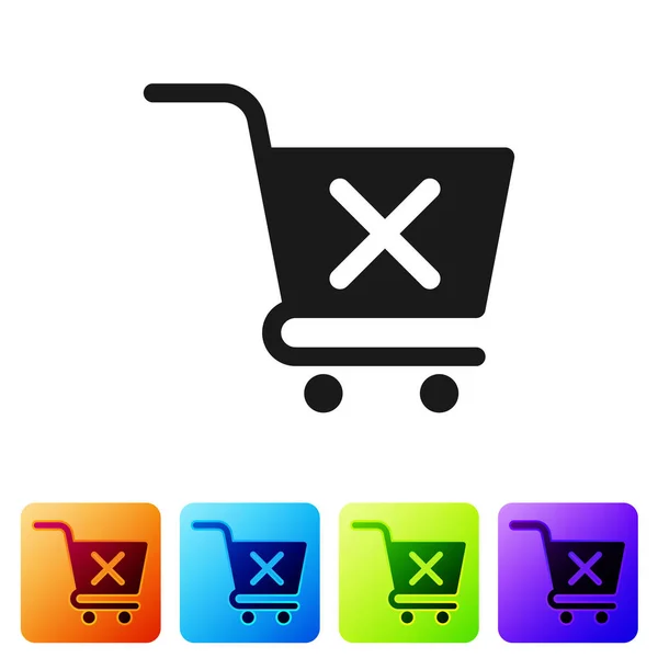 Black Remove shopping cart icon isolated on white background. Online buying concept. Delivery service sign. Supermarket basket and X mark symbol. Set icon in color square buttons. Vector Illustration — Stock Vector