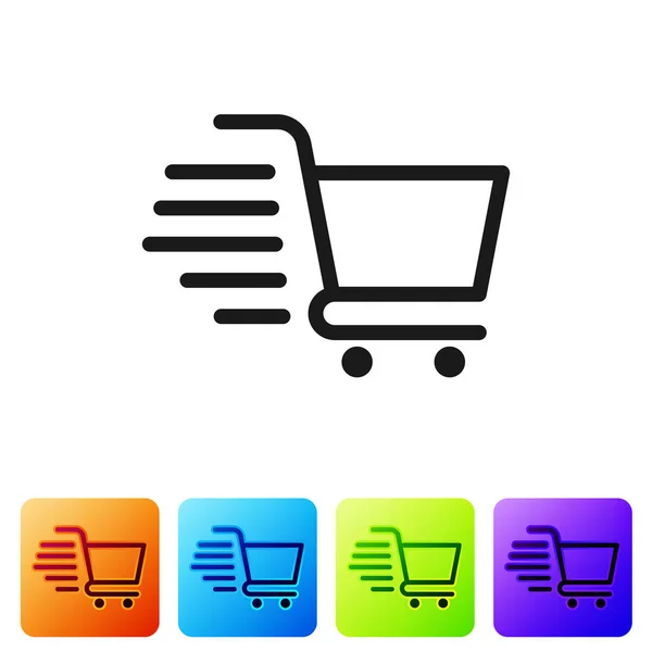 Black Shopping cart icon isolated on white background. Online buying concept. Delivery service sign. Supermarket basket symbol. Set icon in color square buttons. Vector Illustration — Stock Vector