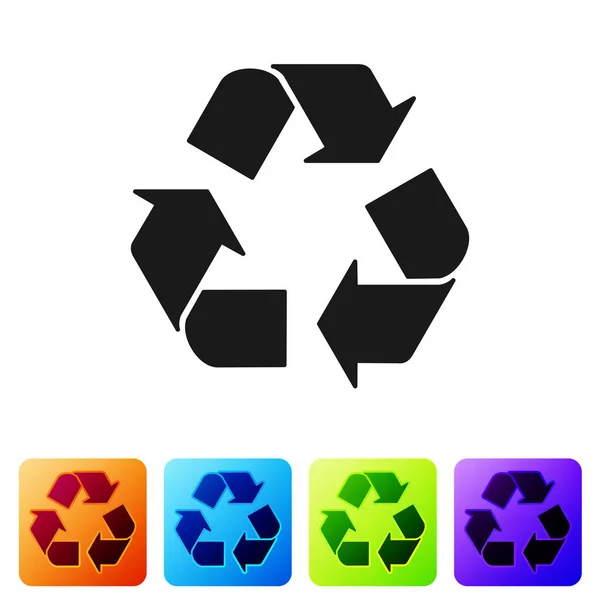 Zwart recycle symbool pictogram geïsoleerd op witte achtergrond. Pictogram met ronde pijl. Milieu recycleerbaar ga groen. Pictogram instellen in de knoppen kleur vierkant. Vector illustratie — Stockvector