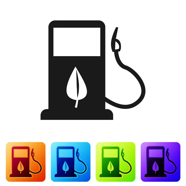 Zwart bio fuel concept met brandstof mondstuk en blad icoon geïsoleerd op witte achtergrond. Benzinestation met bladeren. Eco tanken. Pictogram instellen in de knoppen kleur vierkant. Vector illustratie — Stockvector