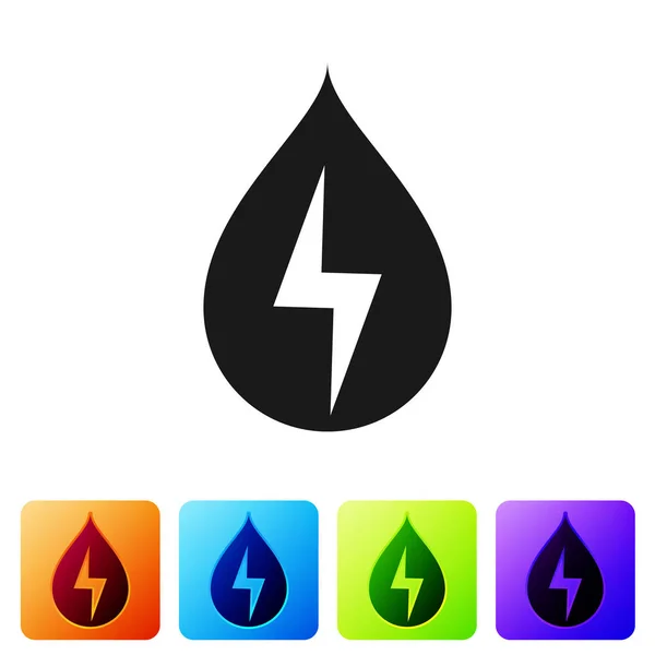 Black Water energy icon isolated on white background. Ecology concept with water droplet. Alternative energy concept. Set icon in color square buttons. Vector Illustration — Stock Vector