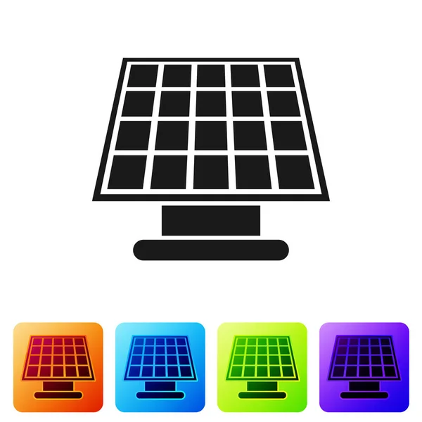 Ícone de painel de energia solar preto isolado no fundo branco. Definir ícone em botões quadrados de cor. Ilustração vetorial — Vetor de Stock