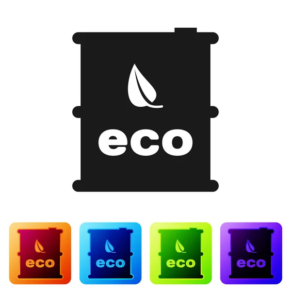 Svart bio bränsle Barrel ikonen isolerad på vit bakgrund. Eco bio och kanister. Grön miljö och återvinn. Ange ikon i färg fyrkantiga knappar. Vektor illustration — Stock vektor