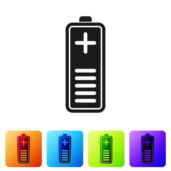 Icône indicateur de niveau de charge de batterie noir isolé sur fond blanc. Définir l'icône dans les boutons carrés de couleur. Illustration vectorielle — Image vectorielle