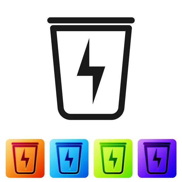 Black Lightning with trash can icon isolated on white background. Waste to energy. Garbage bin sign. Recycle basket sign. Set icon in color square buttons. Vector Illustration — Stock Vector