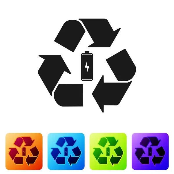 Schwarzer Akku mit Recycling-Symbol auf weißem Hintergrund. Batterie mit Recycling-Symbol - Konzept für erneuerbare Energien. setzen Sie das Symbol in quadratischen Schaltflächen. Vektorillustration — Stockvektor