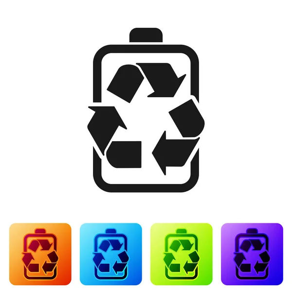 Batería negra con icono de línea de símbolo de reciclaje aislado sobre fondo blanco. Batería con símbolo de reciclaje - concepto de energía renovable. Establecer icono en los botones cuadrados de color. Ilustración vectorial — Archivo Imágenes Vectoriales