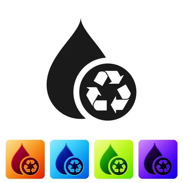 Schwarz recycelt sauberes Aqua-Symbol isoliert auf weißem Hintergrund. Wassertropfen mit Zeichenrecycling. setzen Sie das Symbol in quadratischen Schaltflächen. Vektorillustration — Stockvektor