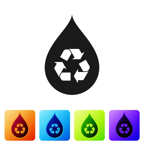 Schwarz recycelt sauberes Aqua-Symbol isoliert auf weißem Hintergrund. Wassertropfen mit Zeichenrecycling. setzen Sie das Symbol in quadratischen Schaltflächen. Vektorillustration — Stockvektor