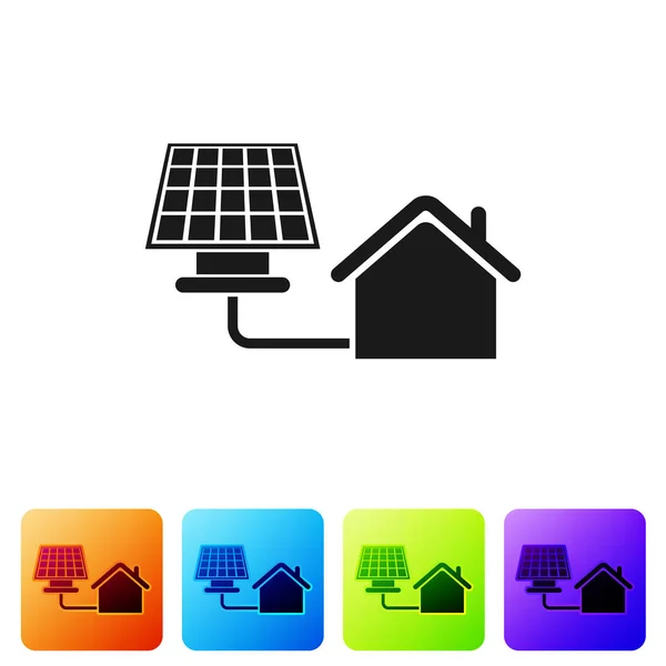 Casa Negra con icono de panel solar aislado sobre fondo blanco. Ecología, energía solar renovable. Casa respetuosa con el medio ambiente. Protección Ambiental. Establecer icono en los botones cuadrados de color. Ilustración vectorial — Archivo Imágenes Vectoriales