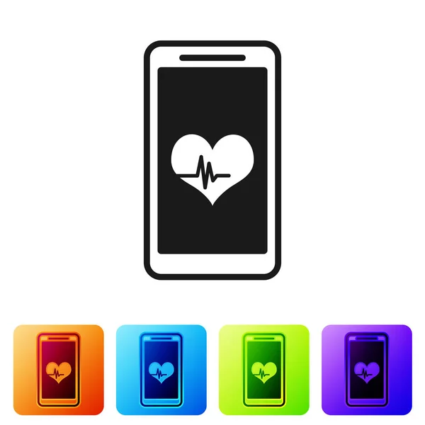 Smartphone preto com ícone de função monitor de frequência cardíaca isolado no fundo branco. Definir ícone em botões quadrados de cor. Ilustração vetorial —  Vetores de Stock