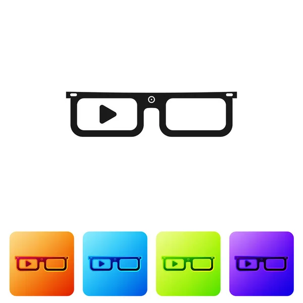 Gafas Black Smart montadas sobre un icono de gafas aisladas sobre fondo blanco. Gafas inteligentes de electrónica portátil con cámara y pantalla. Establecer icono en los botones cuadrados de color. Ilustración vectorial — Vector de stock