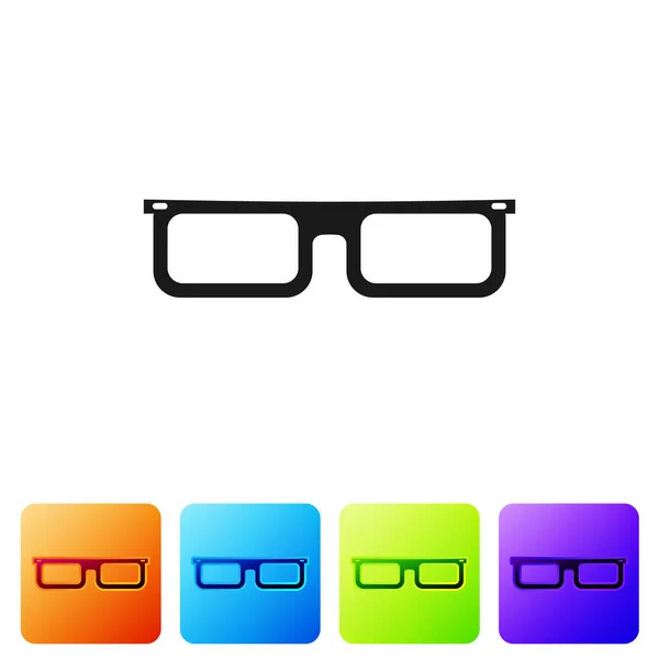 Icono de gafas negras aisladas sobre fondo blanco. Símbolo de marco de gafas. Establecer icono en los botones cuadrados de color. Ilustración vectorial — Vector de stock
