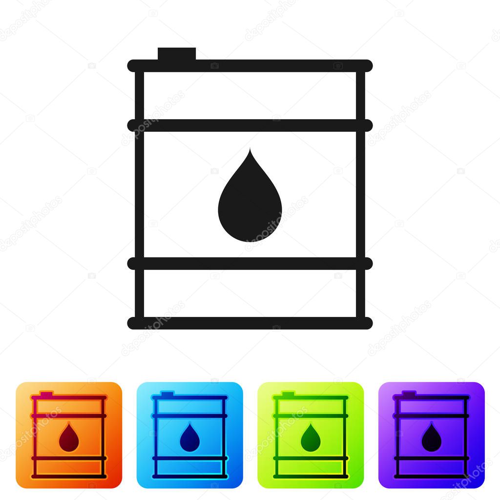 Black Oil barrel line icon isolated on white background. Oil drum container. For infographics, fuel, industry, power, ecology. Set icon in color square buttons. Vector Illustration