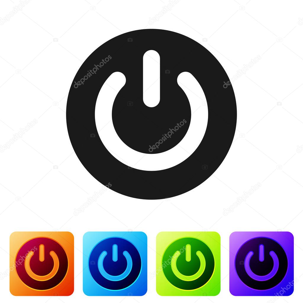 Black Power button icon isolated on white background. Start sign. Flat design. Set icon in color square buttons. Vector Illustration