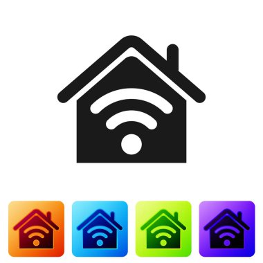 Beyaz arka planda izole wi-fi simgesi ile Siyah Akıllı ev. Uzaktan kumanda. Simgeyi renk kare düğmelerinde ayarlayın. Vektör İllüstrasyonu
