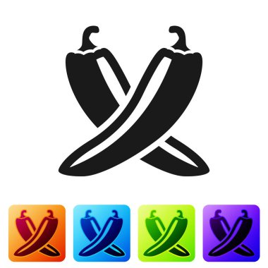 Siyah Crossed acı biber pod simgesi beyaz arka plan üzerinde izole. Bakkal, mutfak ürünleri, baharat ve baharat paketi için tasarım. Simgeyi renk kare düğmelerinde ayarlayın. Vektör İllüstrasyonu