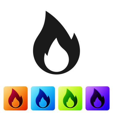 Siyah Yangın alev simgesi beyaz arka planda izole. Isı sembolü. Simgeyi renk kare düğmelerinde ayarlayın. Vektör İllüstrasyonu