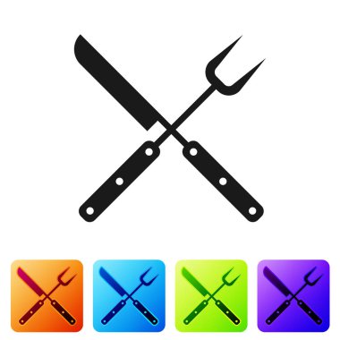 Siyah Çapraz bıçak ve spatula simgesi beyaz arka plan üzerinde izole. Barbekü bıçağı ve spatula işareti. Barbekü ve ızgara aletleri. Simgeyi renk kare düğmelerinde ayarlayın. Vektör İllüstrasyonu