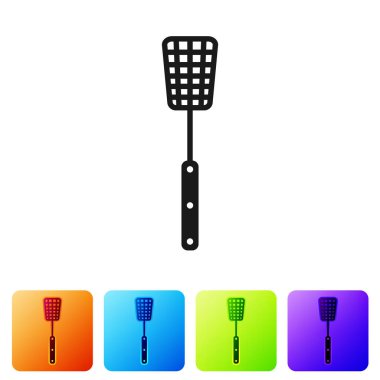 Siyah Barbekü spatula simgesi beyaz arka plan üzerinde izole. Mutfak spatula simgesi. Barbekü spatula işareti. Barbekü ve ızgara aracı. Simgeyi renk kare düğmelerinde ayarlayın. Vektör İllüstrasyonu