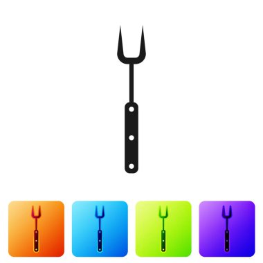 Siyah Barbekü çatal simgesi beyaz arka plan üzerinde izole. Barbekü çatal işareti. Barbekü ve ızgara aracı. Simgeyi renk kare düğmelerinde ayarlayın. Vektör İllüstrasyonu