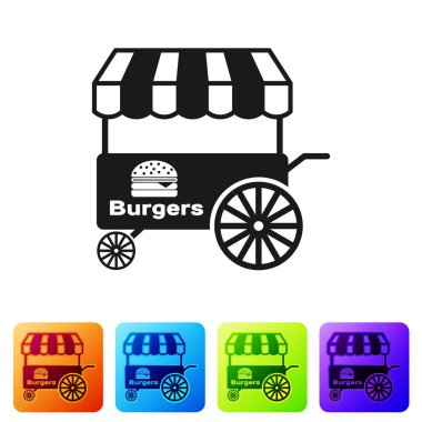 Beyaz arka plan üzerinde izole tente simgesi ile Siyah Fast street gıda sepeti. Burger veya hamburger simgesi. Şehir köşkü. Simgeyi renk kare düğmelerinde ayarlayın. Vektör İllüstrasyonu