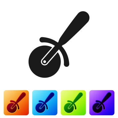 Siyah Pizza bıçak simgesi beyaz arka plan üzerinde izole. Pizza kesici işareti. Çelik mutfak eşyaları ekipmanları. Simgeyi renk kare düğmelerinde ayarlayın. Vektör İllüstrasyonu