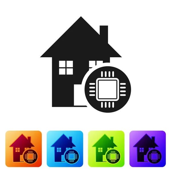 Schwarzes Smart Home Symbol isoliert auf weißem Hintergrund. Fernbedienung. setzen Sie das Symbol in quadratischen Schaltflächen. Vektorillustration — Stockvektor