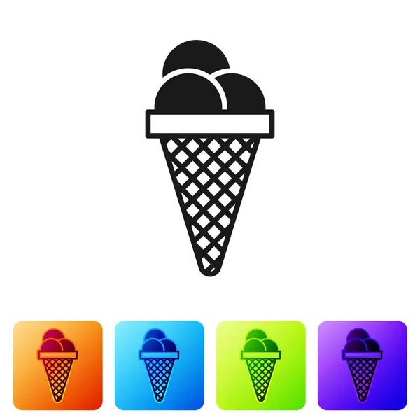 Zmrzlina černá zmrzlina v ikoně Vaflové kužele izolovaná na bílém pozadí. Sladký symbol. Nastavte ikonu v barevných hranových tlačítkách. Vektorová ilustrace — Stockový vektor