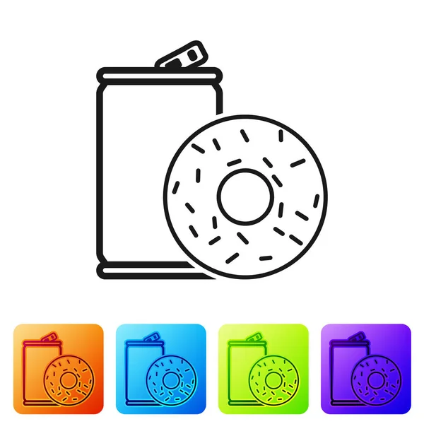 Aluminio negro puede soda y donut icono aislado sobre fondo blanco. Un símbolo de comida rápida. Establecer icono en los botones cuadrados de color. Ilustración vectorial — Vector de stock