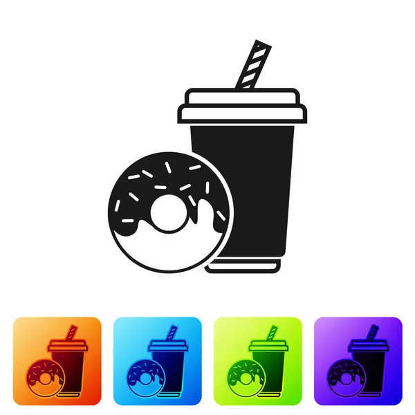 Bebida de refresco negro con paja para beber y donut icono aislado sobre fondo blanco. Un símbolo de comida rápida. Establecer icono en los botones cuadrados de color. Ilustración vectorial — Archivo Imágenes Vectoriales