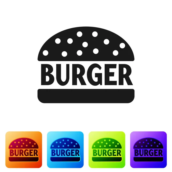Black-Burger-Symbol isoliert auf weißem Hintergrund. Hamburger Ikone. Cheeseburger Sandwich-Schild. setzen Sie das Symbol in quadratischen Schaltflächen. Vektorillustration — Stockvektor