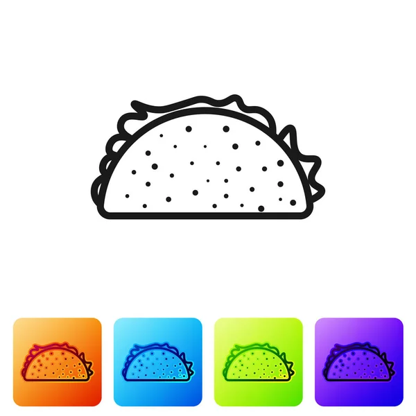 Černá Taco s ikonou tortilla izolovaná na bílém pozadí. Tradiční mexické rychlé občerstvení. Nastavte ikonu v barevných hranových tlačítkách. Vektorová ilustrace — Stockový vektor
