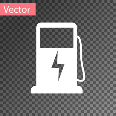 Beyaz Elektrikli araba şarj istasyonu simgesi şeffaf arkaplanda izole edildi. Eko elektrik yakıt pompası tabelası. Vektör İllüstrasyonu