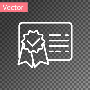 Beyaz Sertifika şablon simgesi şeffaf arkaplanda izole edildi. Başarı, ödül, diploma, burs, diploma kavramları. İş başarısı sertifikası Vektör İllüstrasyonu