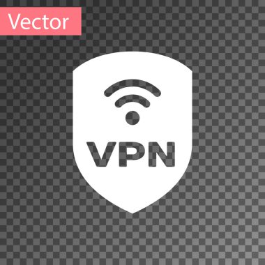 Vpn ile Beyaz Kalkan ve kablosuz internet ağı sembolü şeffaf arkaplanda izole edilmiş. VPN güvenlik kavramını koruyor. Vektör İllüstrasyonu