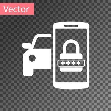 Beyaz Akıllı Araba Güvenlik Sistemi simgesi şeffaf arkaplanda izole edildi. Akıllı telefon telsizdeki araba güvenliğini kontrol ediyor. Vektör İllüstrasyonu