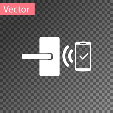 Şeffaf arkaplanda izole edilmiş ikonu açmak için kablosuz teknolojiye sahip beyaz dijital kapı kilidi. Kapı kolu tabelası. Güvenlik akıllı konsept ev. Vektör İllüstrasyonu