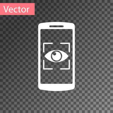Beyaz cep telefonu ve göz tarama simgesi şeffaf arkaplanda izole edildi. Göz taraması yapılıyor. Güvenlik kontrol sembolü. Siber göz işareti. Vektör İllüstrasyonu
