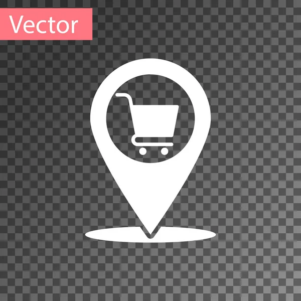 White Map pointer with shopping cart icon isolated on transparent background. Pin point shop and shopping. Supermarket basket symbol. Vector Illustration — ストックベクタ