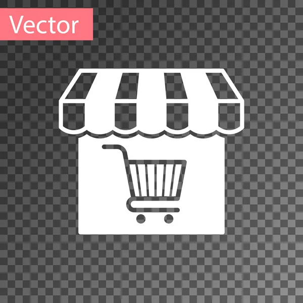 White Shopping building or market store with shopping cart icon isolated on transparent background. Shop construction. Supermarket basket symbol. Vector Illustration — ストックベクタ