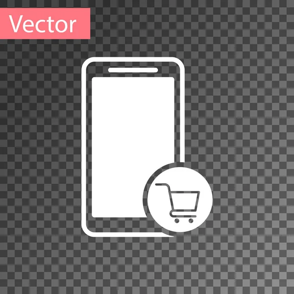 Weißes Handy und Warenkorb-Symbol isoliert auf transparentem Hintergrund. Online-Kauf-Symbol. Supermarkt-Warenkorb Symbol. Vektorillustration — Stockvektor