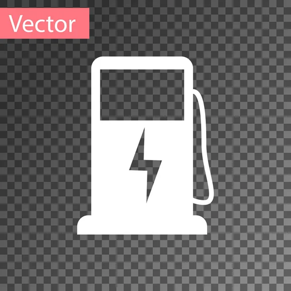 Witte elektrische auto oplaadstation pictogram geïsoleerd op transparante achtergrond. Eco-elektrische brandstofpomp teken. Vector Illustratie — Stockvector